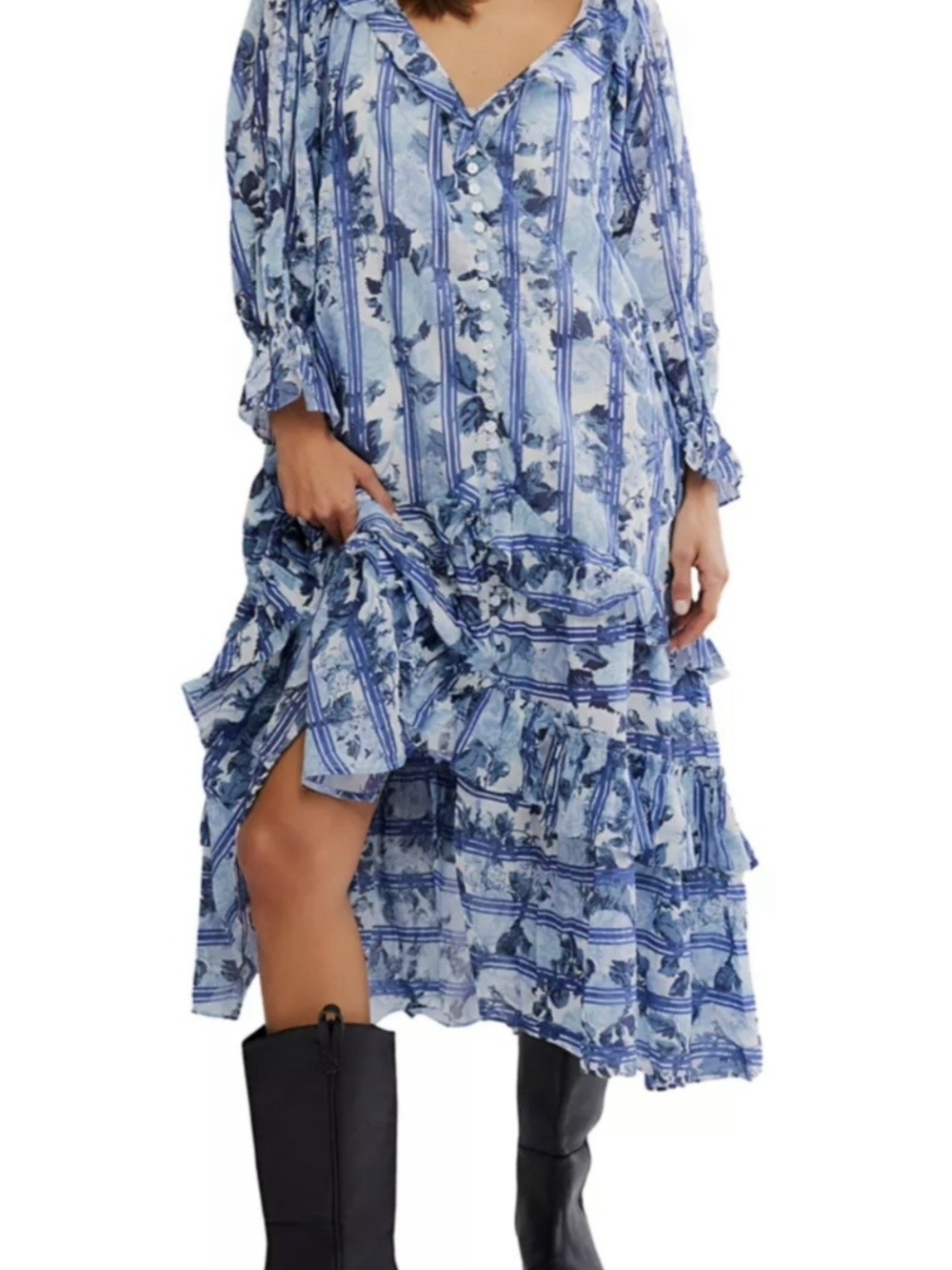 Free People Blue Floral Tiered Maxi Dress